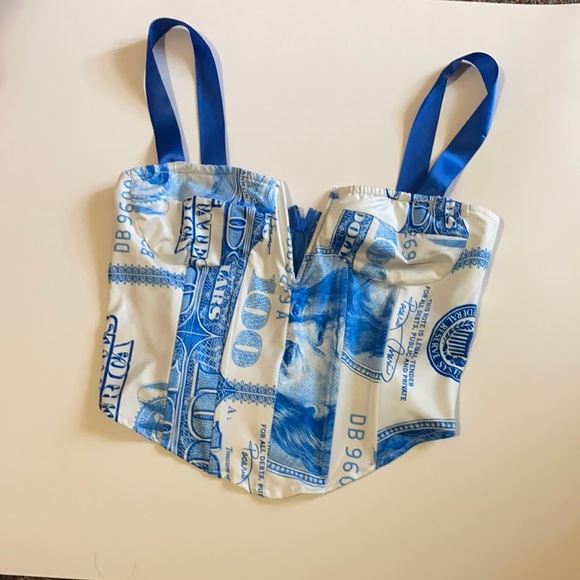 White and blue money print corset top. - Picture 1 of 4